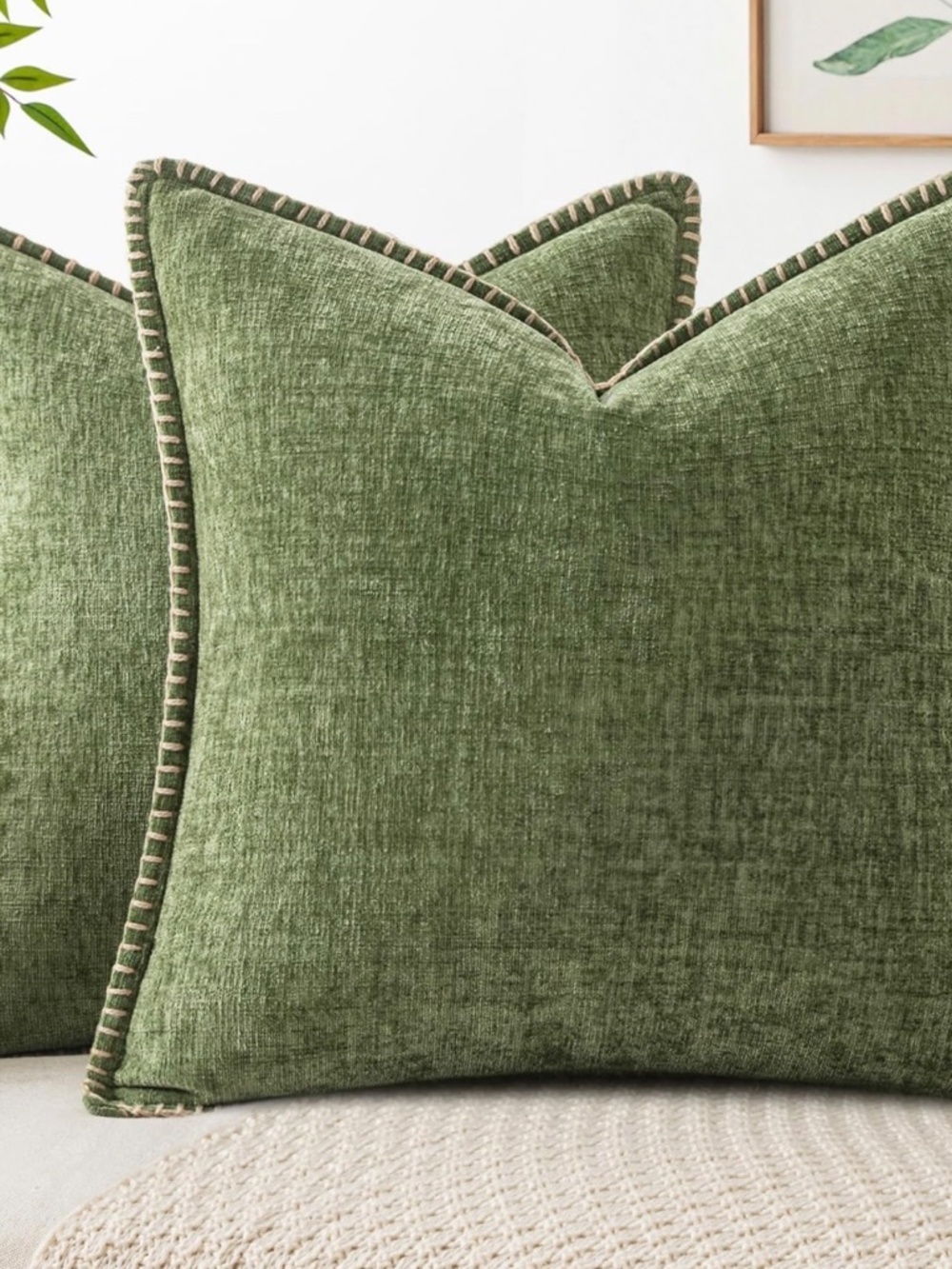 Sage Green Chenille Pillow Covers 18x18 Set of 2 Farmhouse Boho NWOT - Picture 2 of 14